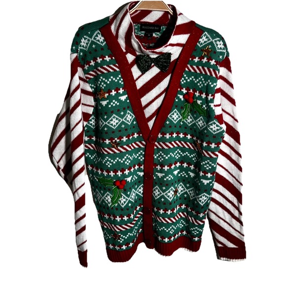 Blizzard Bay Christmas Sweater Bow Tie Candy Cane Striped Size M Festive Bright - Picture 2 of 8
